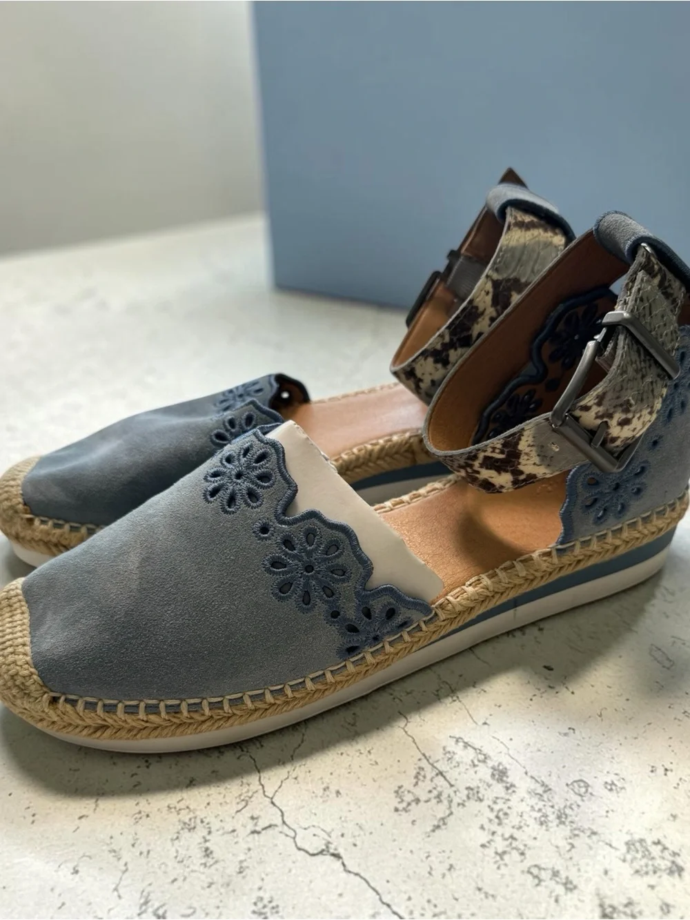 Crown Vintage Blue Denim Espadrille Ankle-Strap Wedges with Cowhide Accent